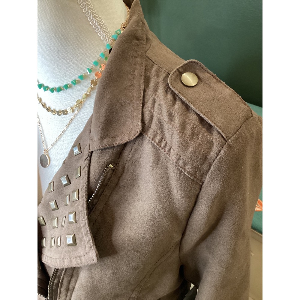GB Studded Faux Suede Moto Jacket Women M Brown NWT Cropped Biker - Picture 3 of 7
